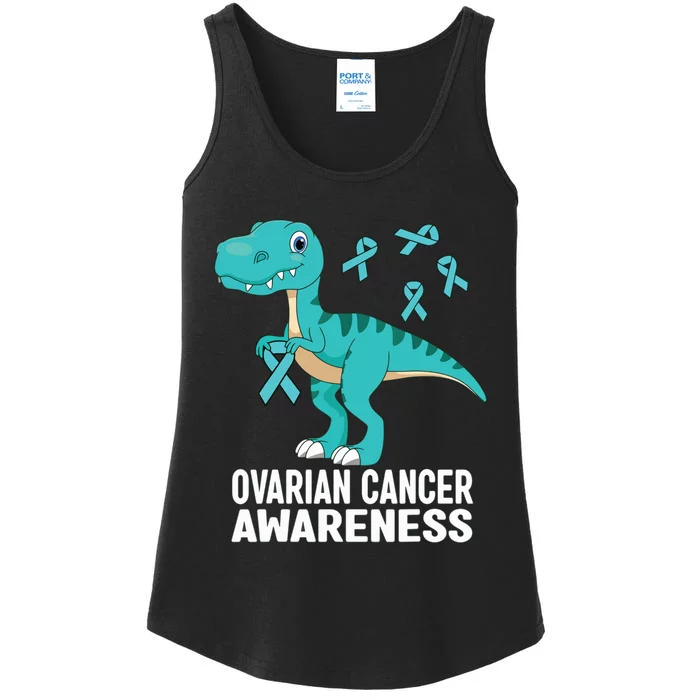 Ovarian Cancer Awareness Teal Ribbon Dinosaur Women Ladies Essential Tank