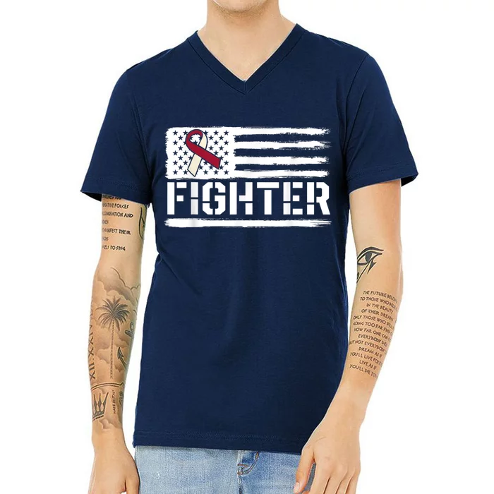 Oral Cancer Awareness Throat Head Neck Fighter American Flag V-Neck T-Shirt