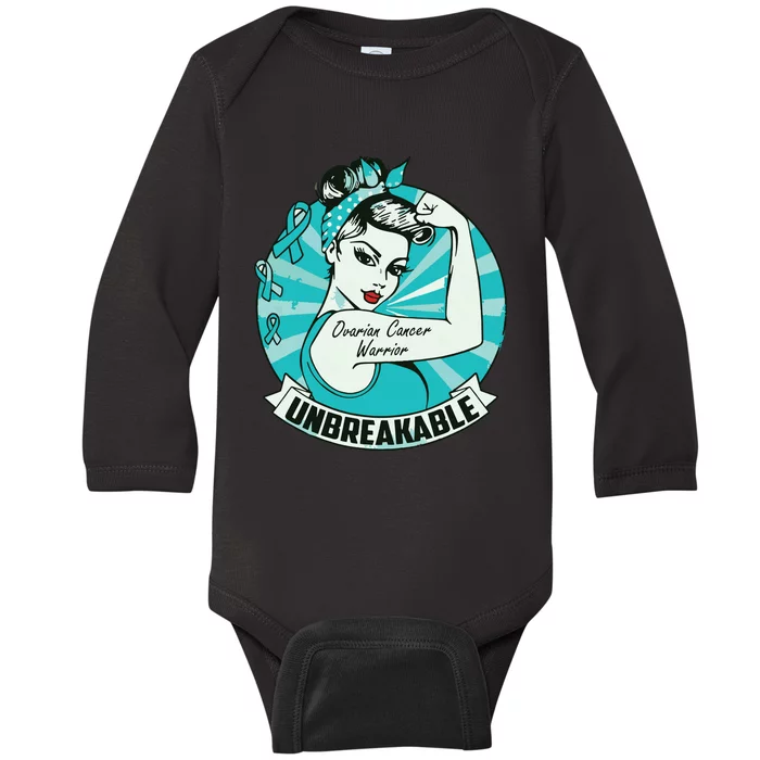 Ovarian Cancer Awareness Warrior Unbreakable Support Squad Baby Long Sleeve Bodysuit