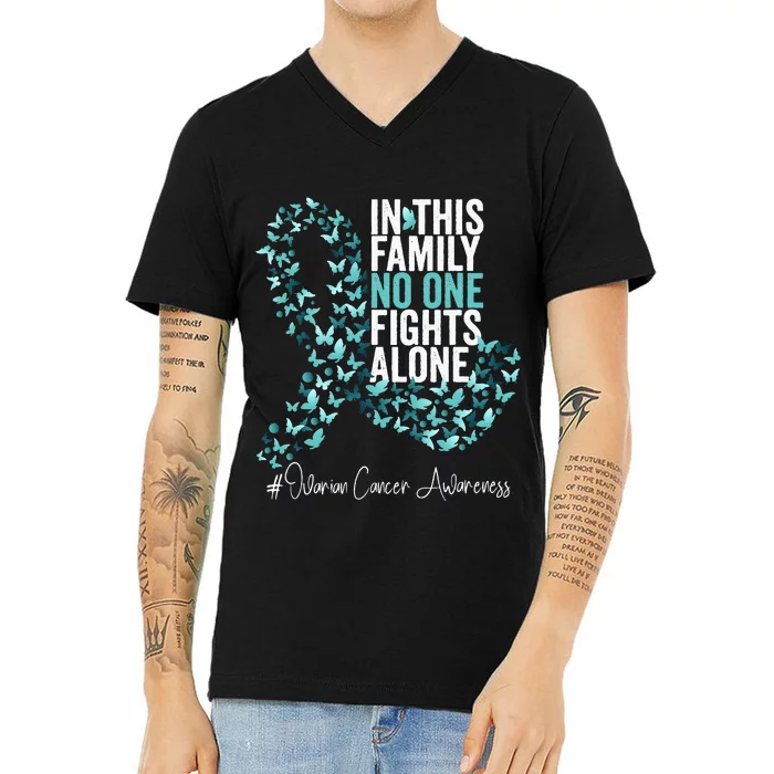 Ovarian Cancer Awareness Month Teal Ribbon V-Neck T-Shirt