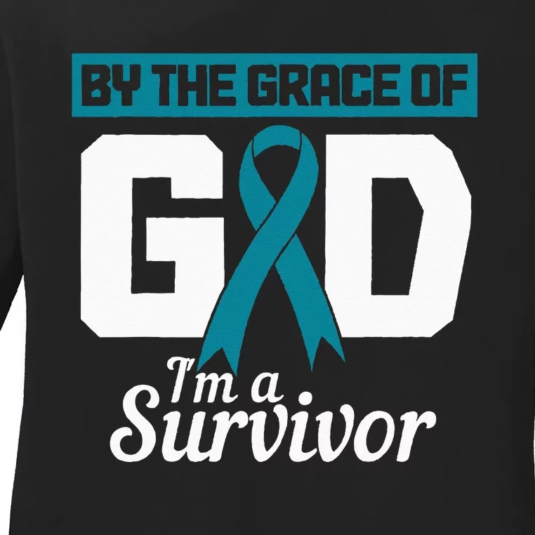 Ovarian Cancer Awareness Month Woman Teal Ribbon Survivor Ladies Long Sleeve Shirt