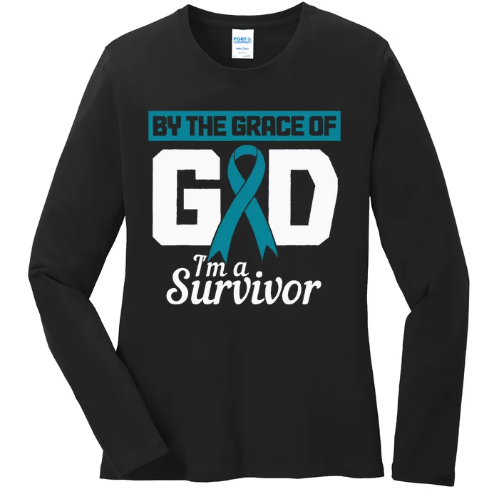 Ovarian Cancer Awareness Month Woman Teal Ribbon Survivor Ladies Long Sleeve Shirt