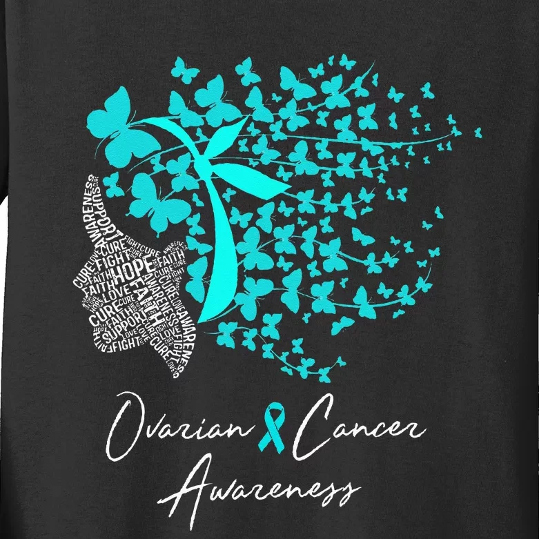 Ovarian Cancer Awareness Teal Butterflies Kids Long Sleeve Shirt