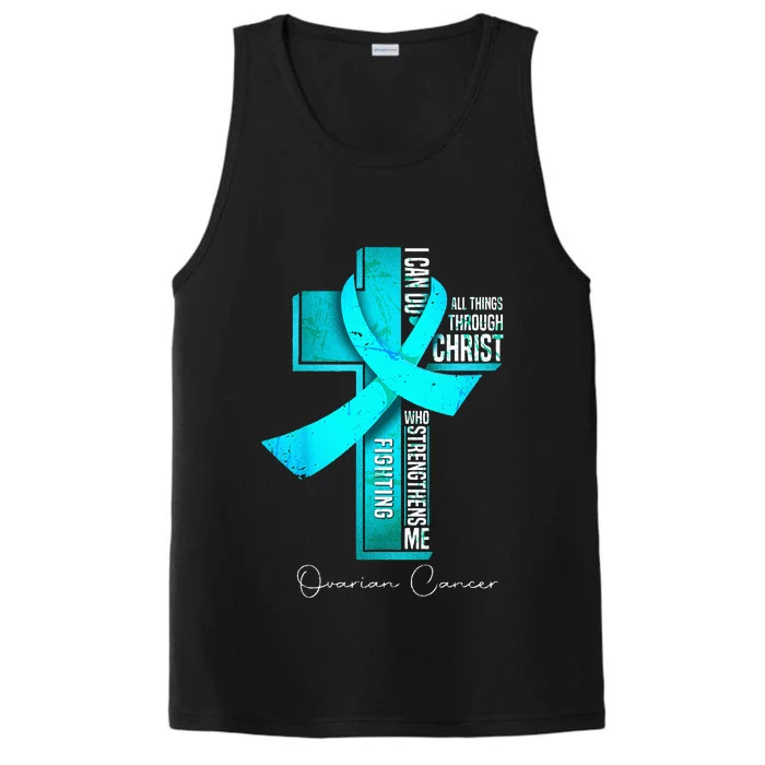 Ovarian Cancer Awareness Teal Ribbon Christian Cross Performance Tank