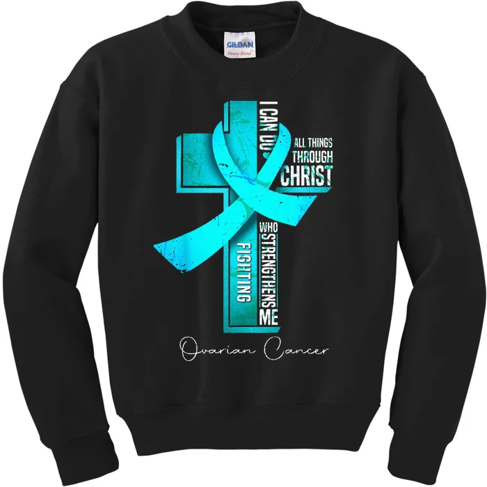 Ovarian Cancer Awareness Teal Ribbon Christian Cross Kids Sweatshirt