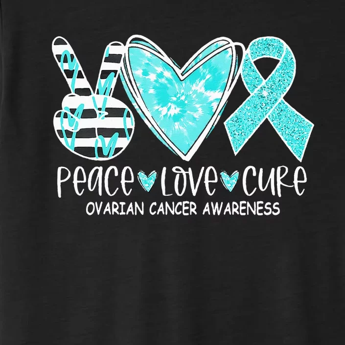 Ovarian Cancer Awareness Teal Ribbon Heart Peace Love Cure ChromaSoft Performance T-Shirt