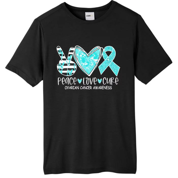 Ovarian Cancer Awareness Teal Ribbon Heart Peace Love Cure ChromaSoft Performance T-Shirt