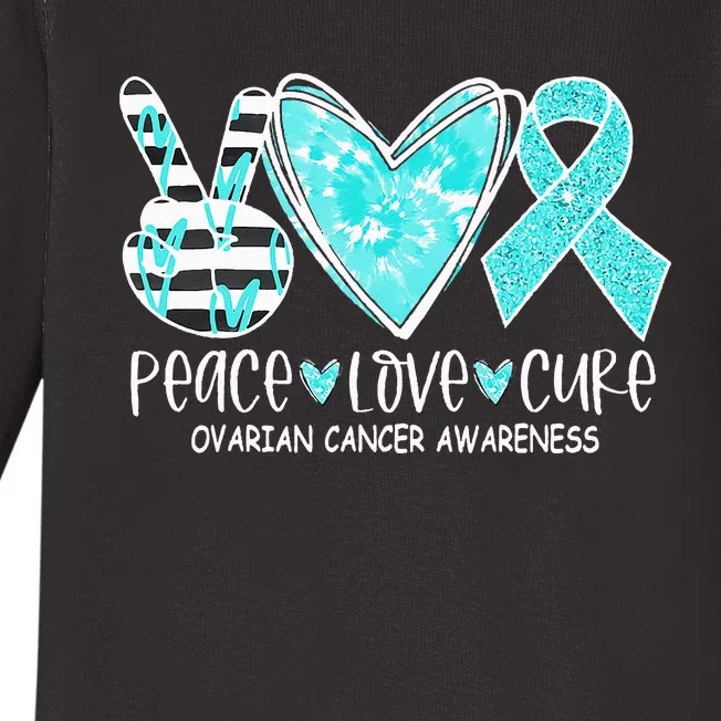 Ovarian Cancer Awareness Teal Ribbon Heart Peace Love Cure Baby Long Sleeve Bodysuit