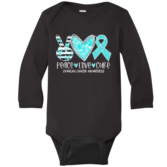 Ovarian Cancer Awareness Teal Ribbon Heart Peace Love Cure Baby Long Sleeve Bodysuit