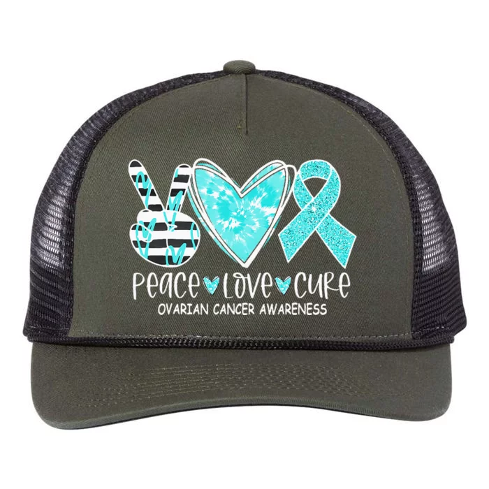 Ovarian Cancer Awareness Teal Ribbon Heart Peace Love Cure Retro Rope Trucker Hat Cap