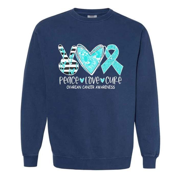 Ovarian Cancer Awareness Teal Ribbon Heart Peace Love Cure Garment-Dyed Sweatshirt