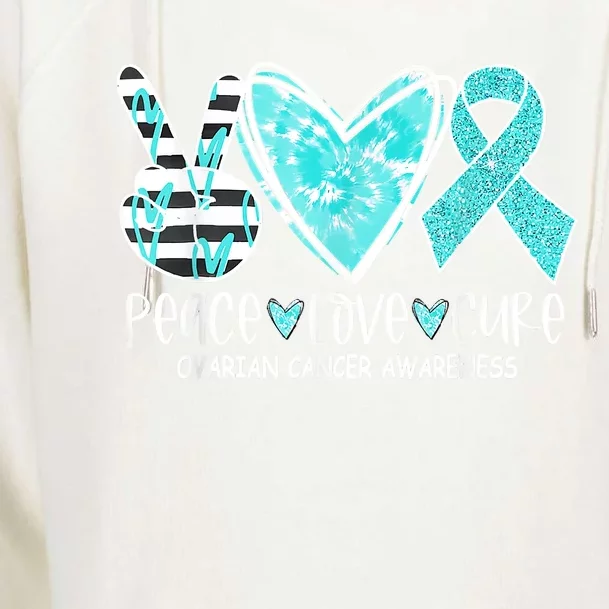 Ovarian Cancer Awareness Teal Ribbon Heart Peace Love Cure Womens Funnel Neck Pullover Hood