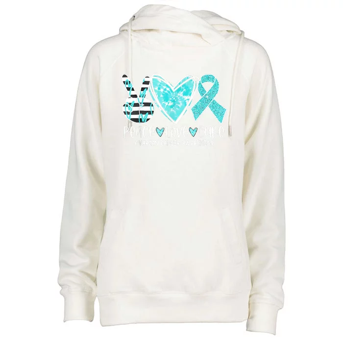 Ovarian Cancer Awareness Teal Ribbon Heart Peace Love Cure Womens Funnel Neck Pullover Hood