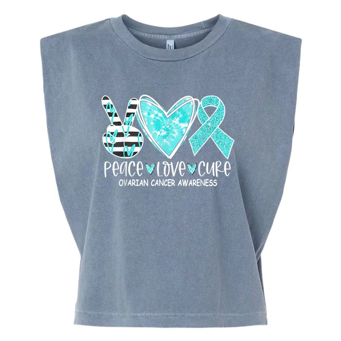 Ovarian Cancer Awareness Teal Ribbon Heart Peace Love Cure Garment-Dyed Women's Muscle Tee