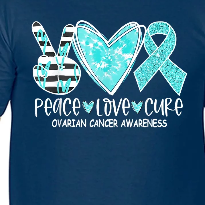 Ovarian Cancer Awareness Teal Ribbon Heart Peace Love Cure Comfort Colors T-Shirt