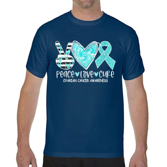 Ovarian Cancer Awareness Teal Ribbon Heart Peace Love Cure Comfort Colors T-Shirt