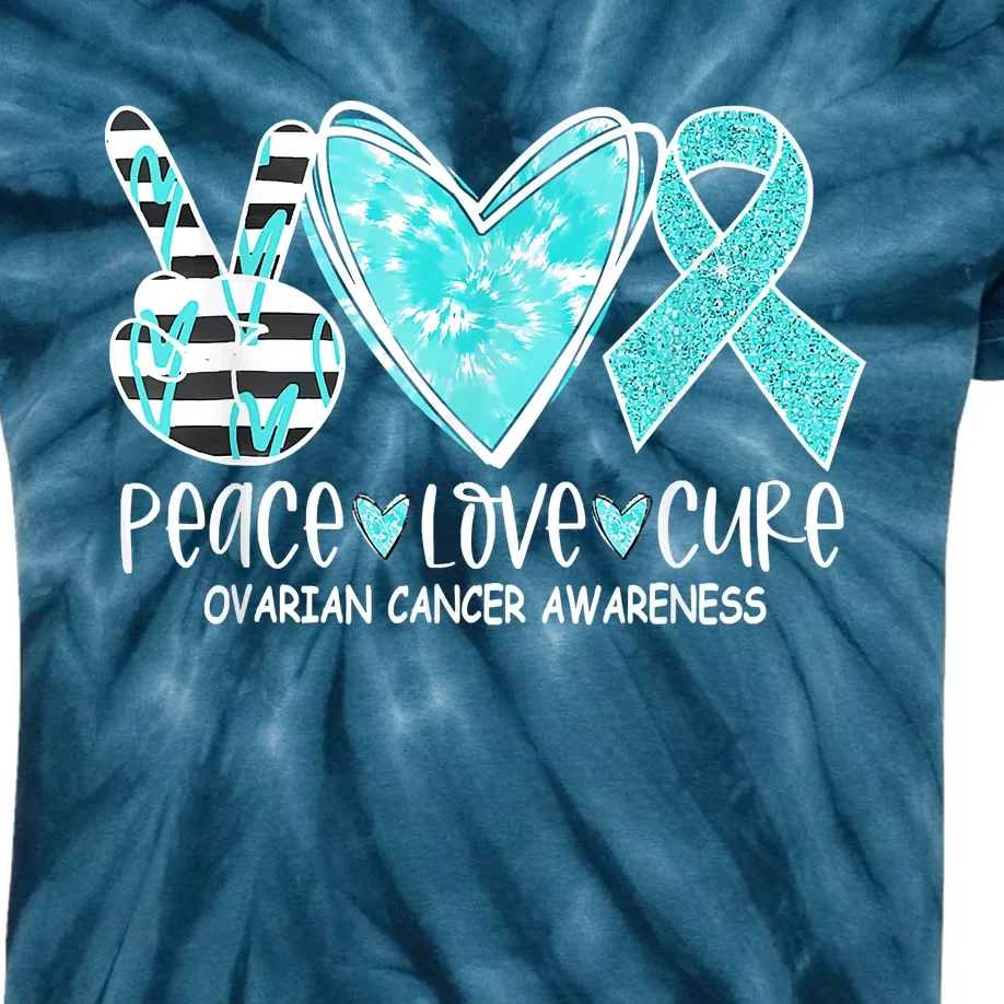 Ovarian Cancer Awareness Teal Ribbon Heart Peace Love Cure Kids Tie-Dye T-Shirt