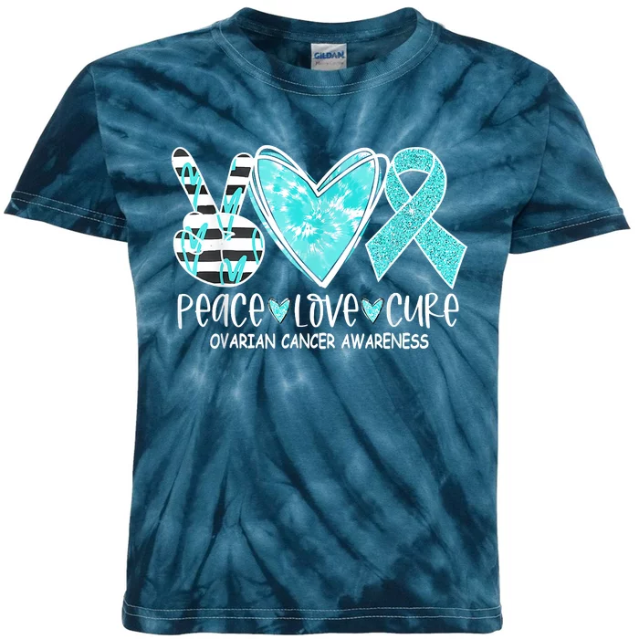 Ovarian Cancer Awareness Teal Ribbon Heart Peace Love Cure Kids Tie-Dye T-Shirt