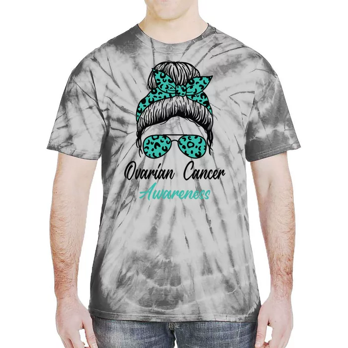 Ovarian Cancer Awareness Messy Bun Support Women Tie-Dye T-Shirt