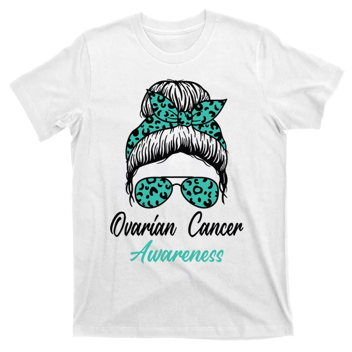 Ovarian Cancer Awareness Messy Bun Support Women T-Shirt