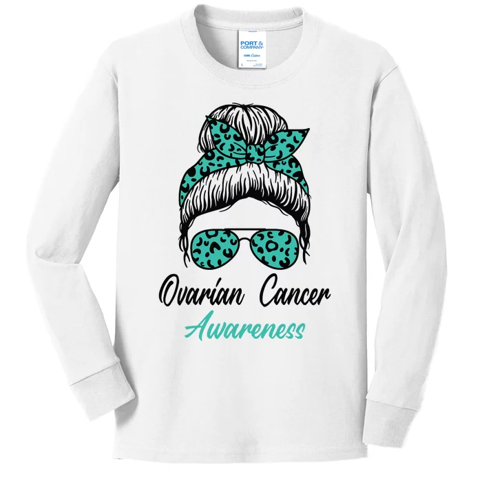 Ovarian Cancer Awareness Messy Bun Support Women Kids Long Sleeve Shirt