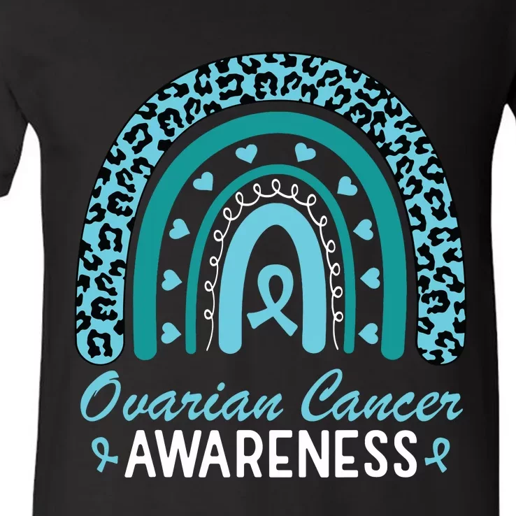 Ovarian Cancer Awareness Month Teal Rainbow Ribbon V-Neck T-Shirt