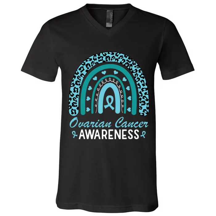 Ovarian Cancer Awareness Month Teal Rainbow Ribbon V-Neck T-Shirt