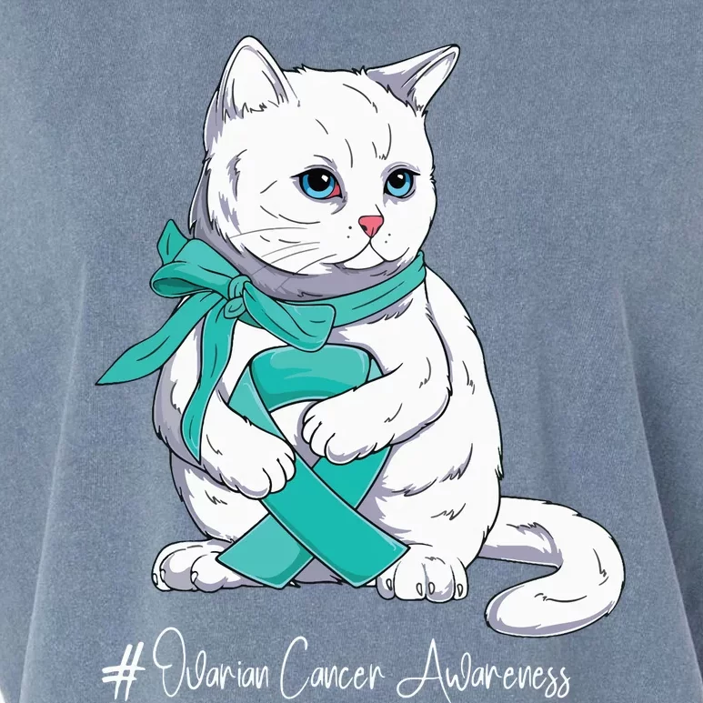 Ovarian Cancer Awareness Month Teal Ribbon Cat Garment-Dyed Women's Muscle Tee