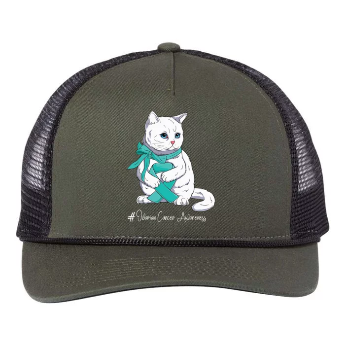 Ovarian Cancer Awareness Month Teal Ribbon Cat Retro Rope Trucker Hat Cap