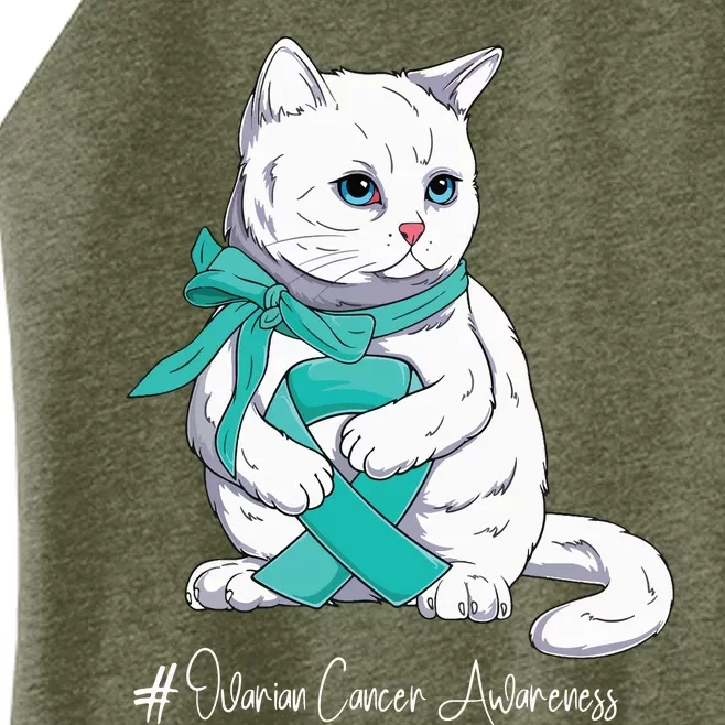 Ovarian Cancer Awareness Month Teal Ribbon Cat Women’s Perfect Tri Rocker Tank