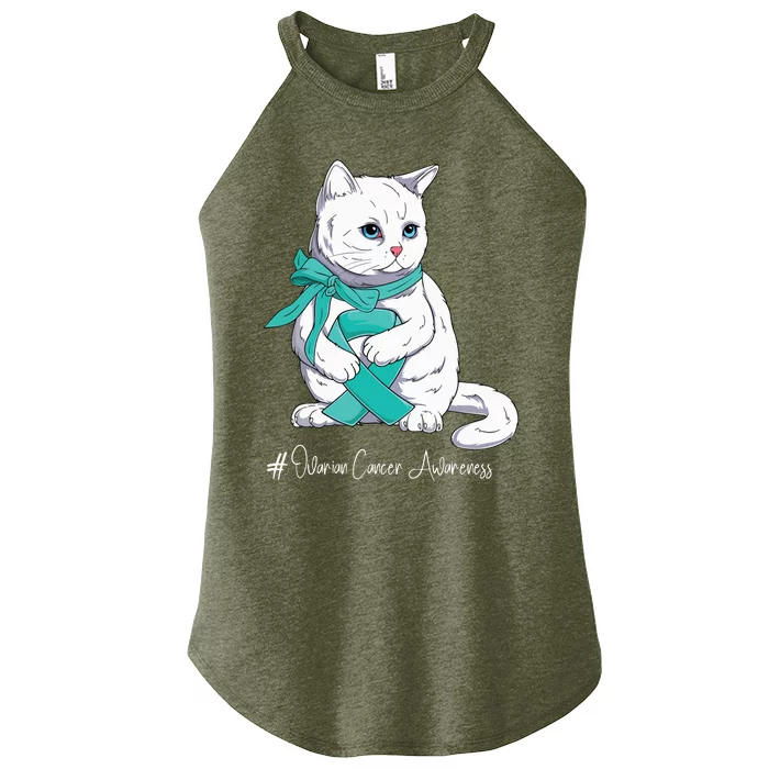 Ovarian Cancer Awareness Month Teal Ribbon Cat Women’s Perfect Tri Rocker Tank