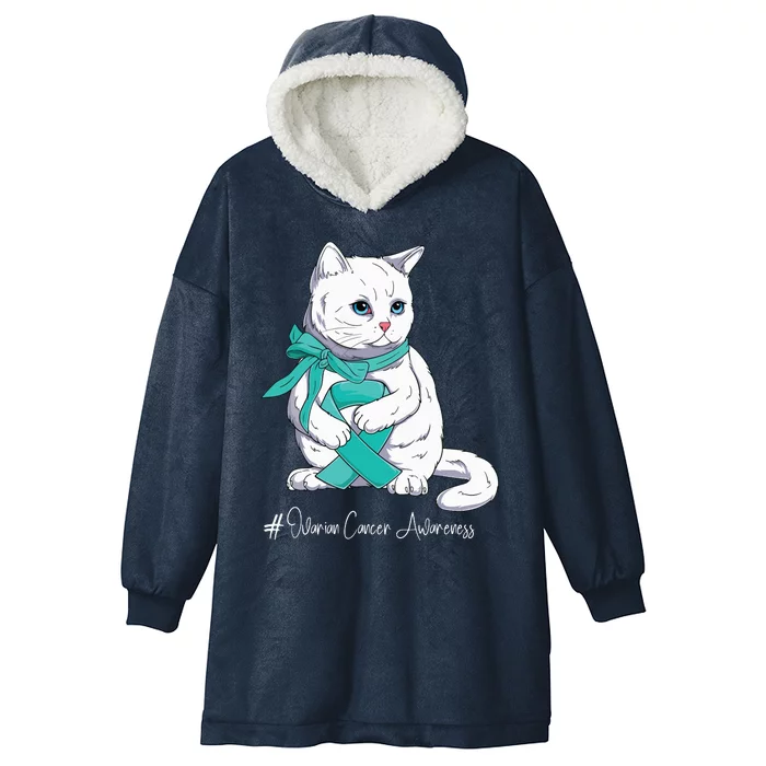 Ovarian Cancer Awareness Month Teal Ribbon Cat Hooded Wearable Blanket