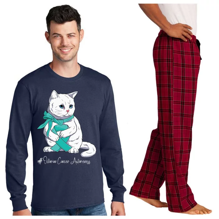 Ovarian Cancer Awareness Month Teal Ribbon Cat Long Sleeve Pajama Set