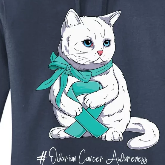 Ovarian Cancer Awareness Month Teal Ribbon Cat Women's Pullover Hoodie