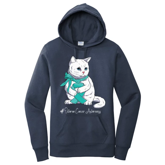 Ovarian Cancer Awareness Month Teal Ribbon Cat Women's Pullover Hoodie