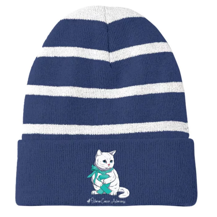 Ovarian Cancer Awareness Month Teal Ribbon Cat Striped Beanie with Solid Band