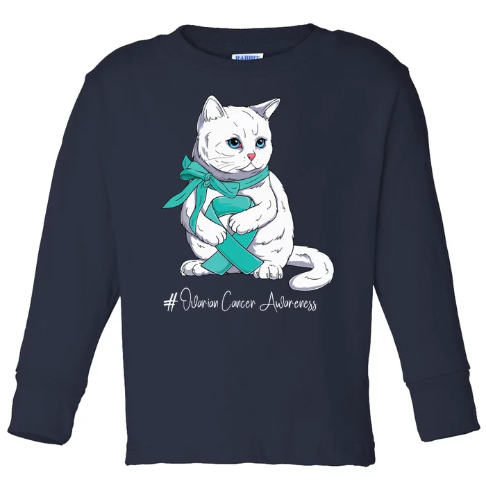 Ovarian Cancer Awareness Month Teal Ribbon Cat Toddler Long Sleeve Shirt