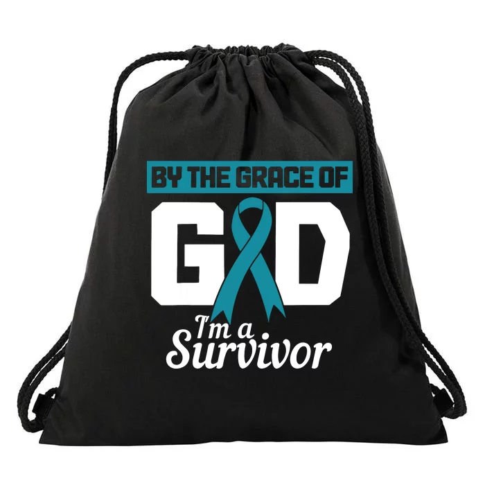 Ovarian Cancer Awareness By The Grace Of Im A Survivor Drawstring Bag