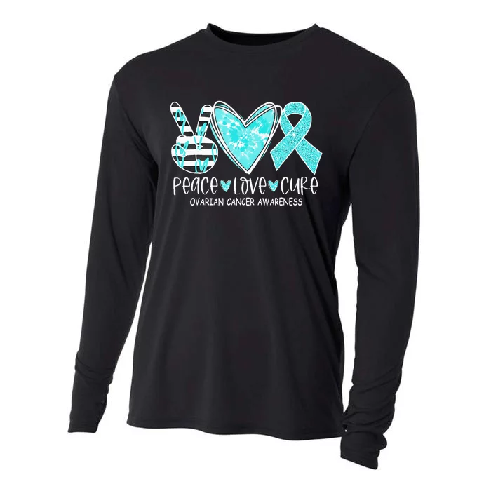 Ovarian Cancer Awareness Teal Ribbon Heart Peace Love Cure Cooling Performance Long Sleeve Crew