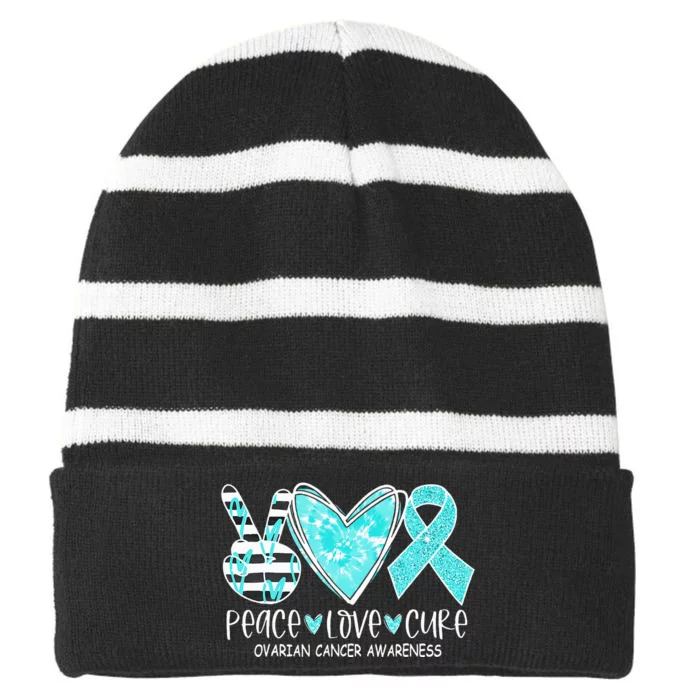 Ovarian Cancer Awareness Teal Ribbon Heart Peace Love Cure Striped Beanie with Solid Band