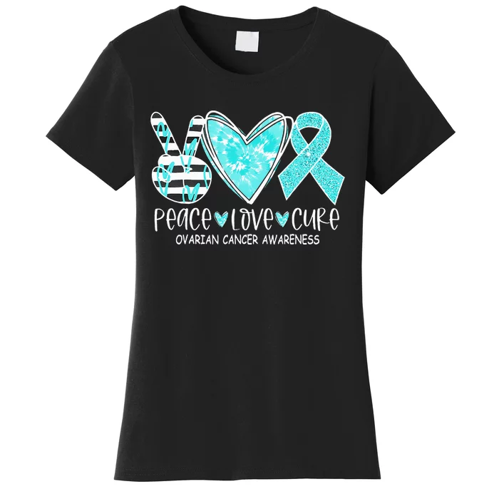 Ovarian Cancer Awareness Teal Ribbon Heart Peace Love Cure Women's T-Shirt