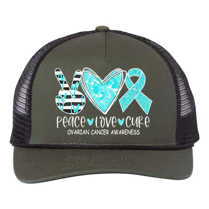 Ovarian Cancer Awareness Teal Ribbon Heart Peace Love Cure Retro Rope Trucker Hat Cap