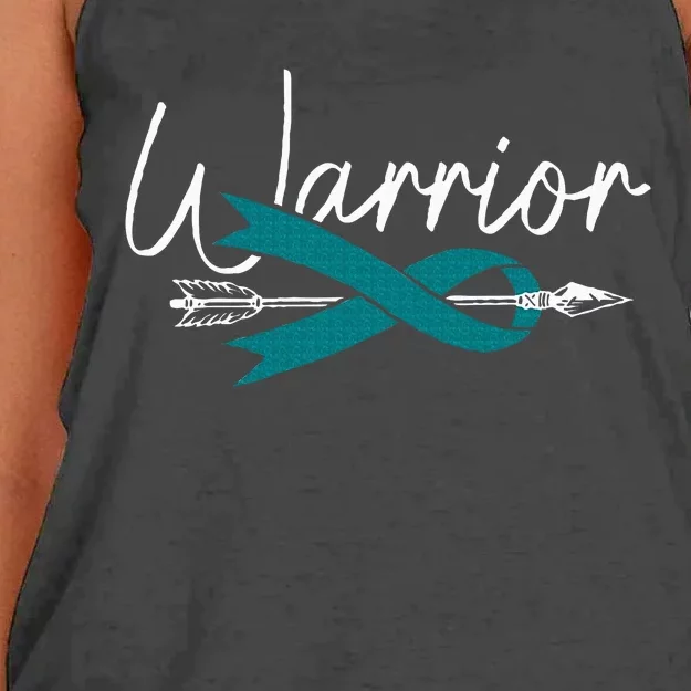 Ovarian Cancer Awareness Month Woman Teal Ribbon Warrior Women's Knotted Racerback Tank