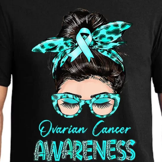 Ovarian Cancer Awareness Messy Bun Teal Ribbon Pajama Set