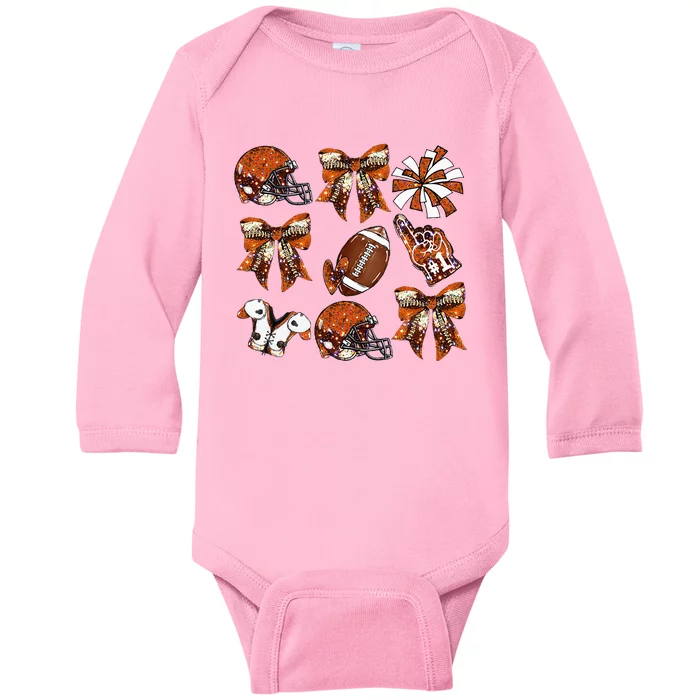 Orange Coquette Bow Football Game Day Baby Long Sleeve Bodysuit