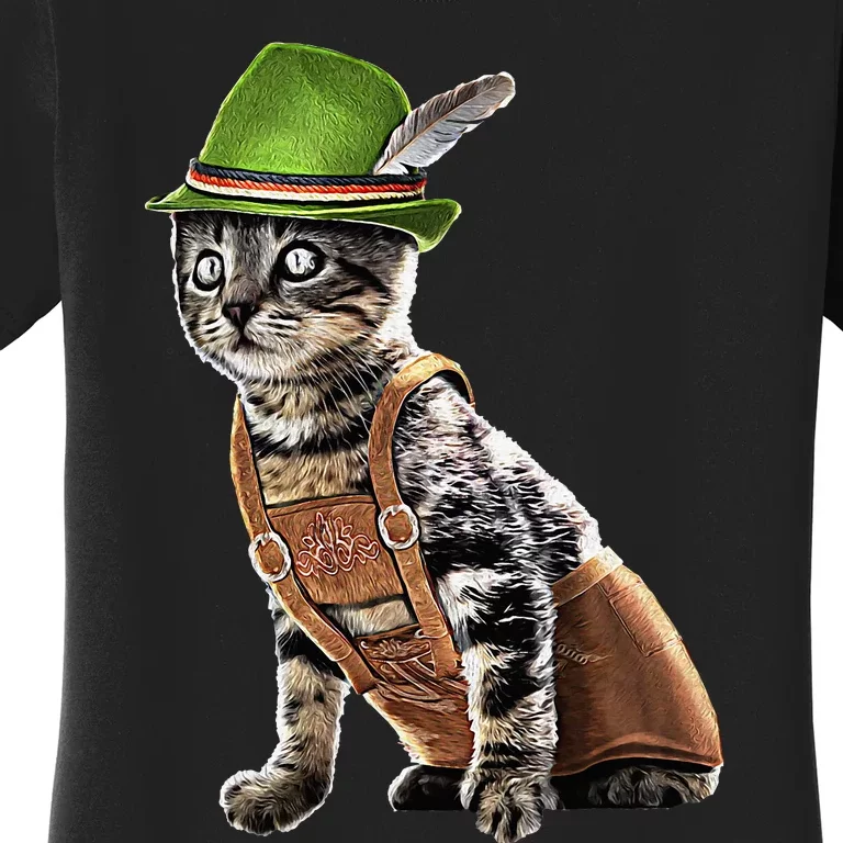 Oktoberfest Cat Bavarian Lederhosen Costume Alpine Hat Gift Women's T-Shirt