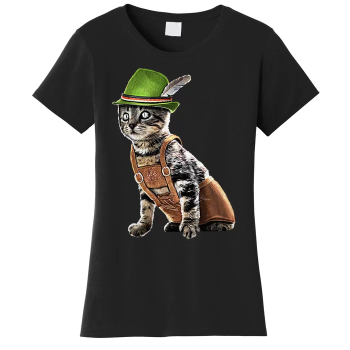 Oktoberfest Cat Bavarian Lederhosen Costume Alpine Hat Gift Women's T-Shirt