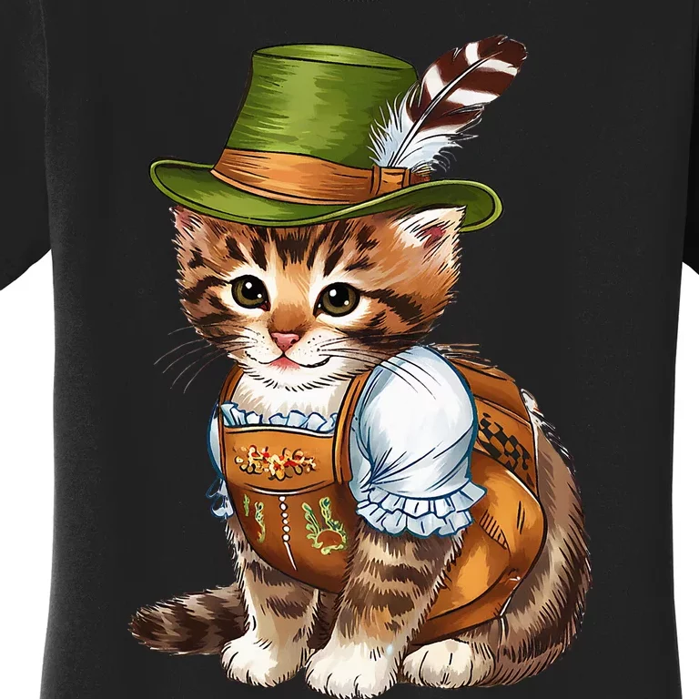 Oktoberfest Cat Bavarian Lederhosen Costume And Hat Funny Women's T-Shirt