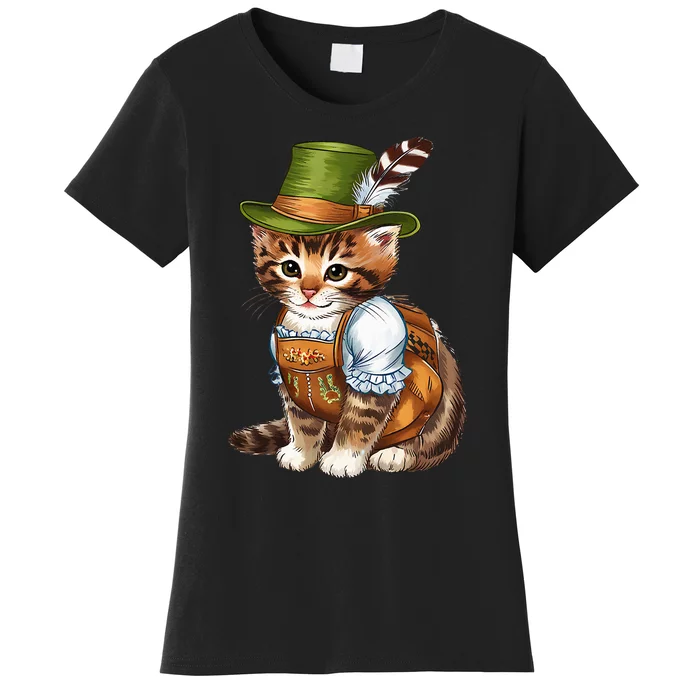 Oktoberfest Cat Bavarian Lederhosen Costume And Hat Funny Women's T-Shirt