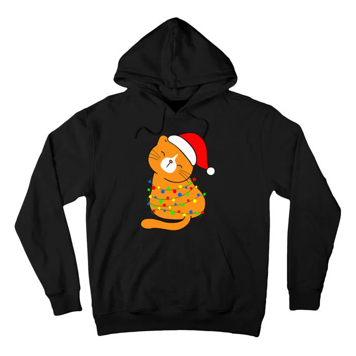 Orange Cat Christmas Tree Lights Santa Hat Tall Hoodie